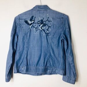 Chico's Blue Denim Jacket with Bird Embroidery